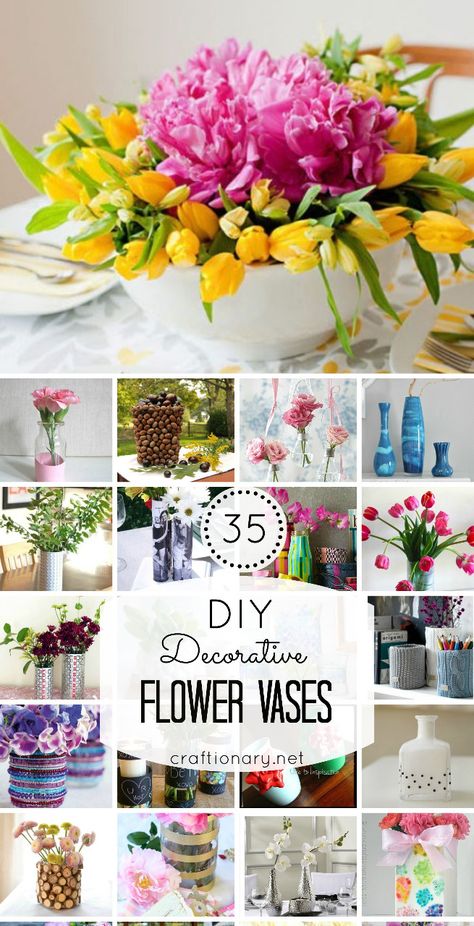 DIY Flower vase tutorials to decorate your home. I love to decorate home with flowers especially in Spring. So, I decided to share some super creative ways to make DIY vases at craftionary.net #flowers #vases #spring Diy Decorative Vase, Vase Filler Ideas For Fake Flowers, Diy Flower Vases, Diy Vase Ideas, Fake Flower Arrangements Diy, Net Flowers, Diy Vase Decor, Diy Flower Vase, Vase Filler Ideas