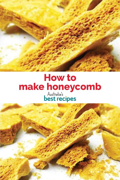 Discover the flavour of homemade honeycomb and learn how to make it yourself. Perfect as a gift or as part of a dessert platter, this recipe is sure to become a favourite in your home. This light-as-air confectionary is made by cooking honey, sugar and golden syrup until it reaches the ‘crack’ stage, then adding enough bicarbonate of soda to ensure it puffs up perfectly. Click the link for the full recipe. How To Make Honeycomb, Homemade Honeycomb, Sweet Slices, Honeycomb Recipe, Dessert Platter, Bicarbonate Of Soda, Golden Syrup, Tasty Treats, How To Make Chocolate