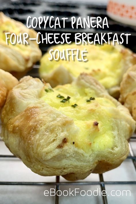 Cheesy egg souffle puff pastry 4 Cheese Souffle Panera, Souffle Cheese, Panera Breakfast, Breakfast Souffle, Cheese Souffle Recipes, Copycat Panera, Puff Pastries, Souffle Recipes, Baked Egg