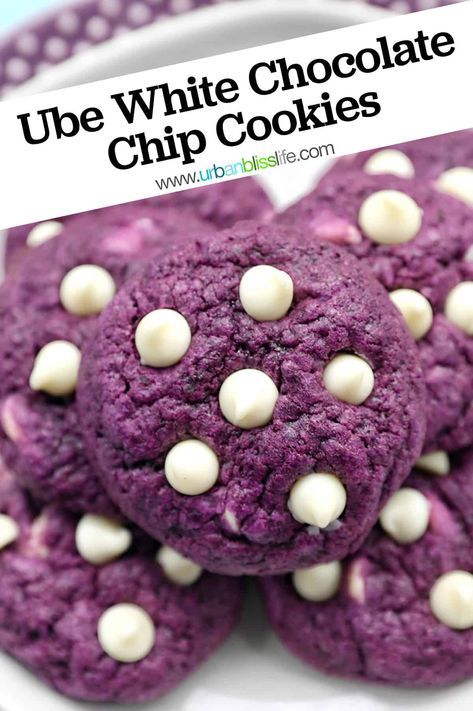 These Ube White Chocolate Chip Cookies are a Filipino American fusion baking triumph! It's an easy baking recipe that makes delicious cookies! Get the recipe at UrbanBlissLife.com Ube White Chocolate Chip Cookie, Ube Cookies, Filipino Pork Bbq, Easy Baking Recipe, Purple Cookies, Ube Recipes, Philippines Recipes, Filipino Food Dessert, White Chocolate Chip