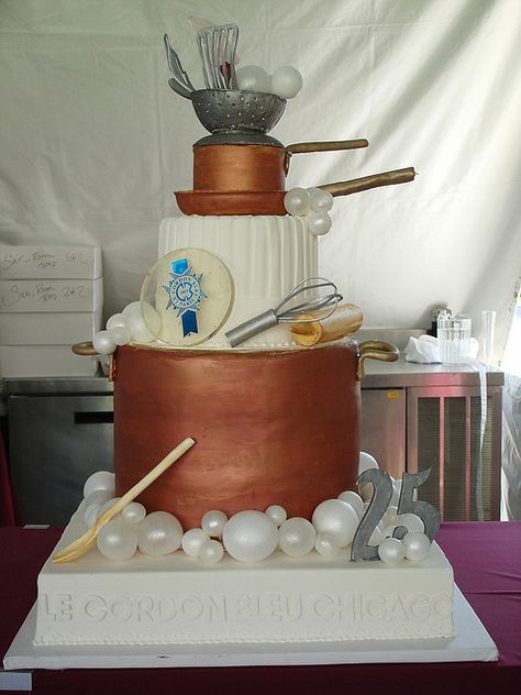 Le Cordon Bleu Chicago's 25th year anniversary (Cooking and Hospitality Institute of Chicago) Pastry Chef Cake, Blown Sugar, Farewell Cake, Chef Cake, Chef Party, Baker Cake, Fondant Tutorial, Cake Board, Cakes For Men