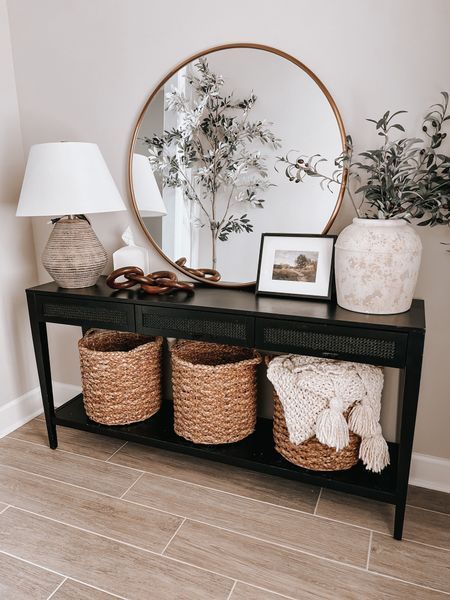 Hallway Table Decorating Ideas, Black Console Table Entryway Farmhouse, Hallway Console Table Black, Studio Mcgee Black Entry Table, Entryway Tables Modern, Modern Farm House Entry Table, Mcgee Entry Table, Black Modern Entry Table, Black Hall Table Decor