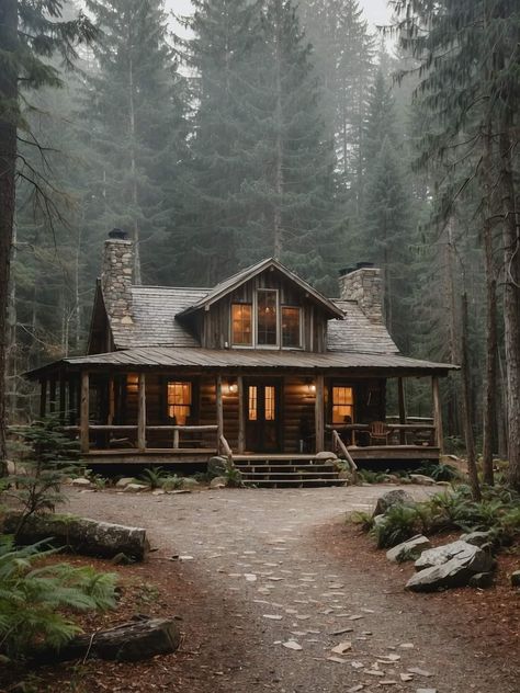 Cabin Aesthetic Exterior, Log Cabin Houses, Shed In The Woods, Remote House, Two Story Cabin, Farmhouse Exterior Ideas, Big Cottages, Log Cabin Exterior, House In The Forest