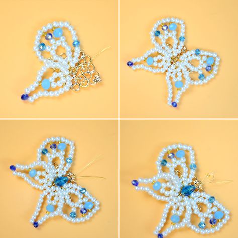 Instructions on how to make the brooch: Step 1:Use wire to form a circle of 23 pearls and a blue glass bead. Add ten pearls to make a small circle within a large circle. Add a light blue bead, a pearl and a golden seed bead and attach to the large circle. Cut off any excess wire with pliers. Step 2:In the same way, add the other two pearls, one blue and one light blue glass beads. Do the same for the other wing of the butterfly. Wrap the excess wire together to secure them. Step 3:Wrap th Seed Bead Butterfly Pattern, Bead Butterfly, Wrapping Jewelry, Beads Craft Jewelry, Beads Craft, Small Circle, Craft Jewelry, Beaded Crafts, Flower Petal