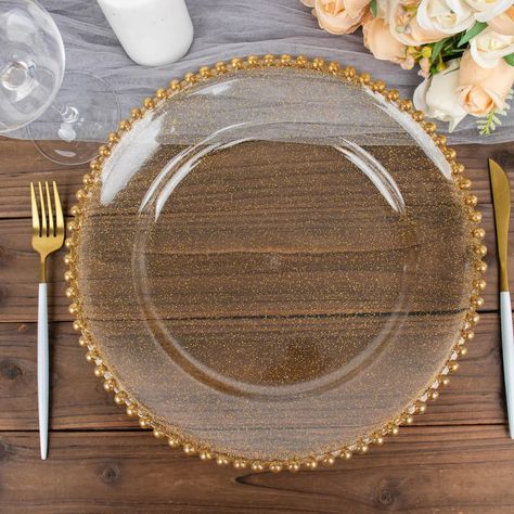 Explore our 6-pack of 12" clear gold glitter acrylic plastic charger plates with a beaded rim. An elegant touch to your dining. ✓ Get yours now! Acrylic Charger Plates, Pipe And Drape Backdrop, Traditional Dishes, Dirty 30, Pipe And Drape, Charger Plate, Glitter Acrylic, Glitter Acrylics, Acrylic Plastic