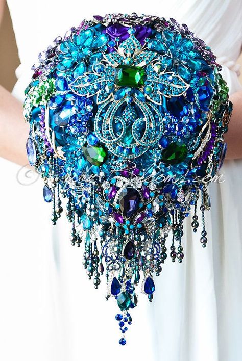 Cascading Blue Teal Peacock Wedding Brooch Bouquet. "Peacock Crown" Blue, Purple, Teal Wedding Bouquet. Bridal Broach Bouquet. Ruby Blooms Teal Wedding Bouquet, Silver Weddings, Centerpieces Floral, Tall Centerpiece, Jeweled Bouquet, Peacock Brooch, Peacock Wedding Theme, Purple Wedding Bouquets, Bridal Brooch Bouquet