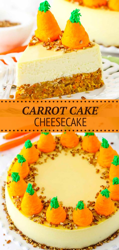 Moist carrot cake meets creamy cheesecake in this next-level treat. Topped with fluffy dollops of whipped cream decorated as carrots, each piece of Carrot Cake Cheesecake is perfection on a plate! Carrot Cheesecake Recipe, Carrot Cake Cheesecake Recipe, Carrot Cheesecake, Easter Cheesecake, Ham Dishes, Cake Carrot, Moist Carrot Cakes, Carrot Cake Cheesecake, Cake Cheesecake