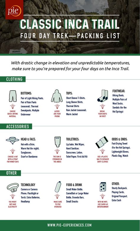 Planning your 4-day Inca Trail trek and not sure what to take with you? We're here to help! Use our Ultimate Inca Trail Packing List to make your packing easier and help make sure you do not leave any essentials behind! #travel #incatrail #machupicchu #packinglist #peru #southamerica Travel Peru, Peru Packing List Woman, Inca Trail Packing List Women, Inca Trail Packing List, Packing For Machu Picchu, Inca Trail, Backpacking Peru, Inca Trail Hike, Hiking Peru