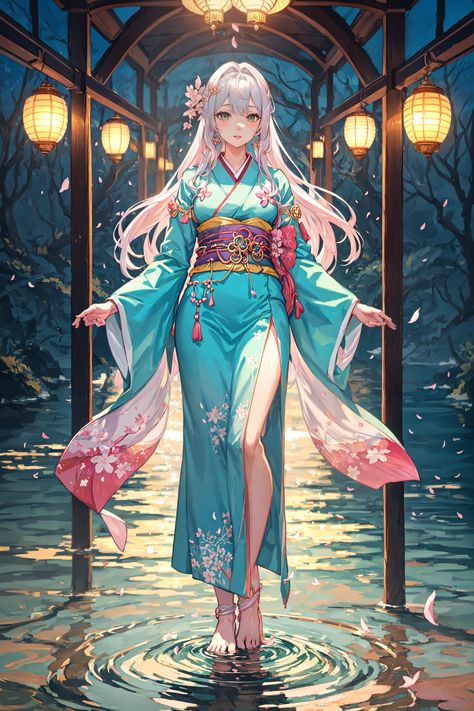 "Embrace serenity with our digital painting of a young adult in a light blue kimono adorned with cherry blossoms. A scene of tranquility at sunset by the riverbank, capturing a moment of peaceful elegance. Perfect art for those who appreciate the ethereal beauty of nature and tradition." Light Blue Kimono, Enchanted Characters, Dress With Skirt, Blue Kimono, Pix Art, Stunning Wallpapers, Anime Wallpapers, Ethereal Beauty, Kimono Fashion