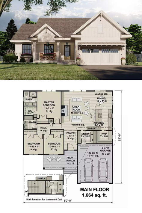 Monarch 3-Bedroom Single-Story Country Ranch with Covered Front Porch and Open-Concept Living (Floor Plan) 3 Bedroom Ranch Floor Plans Open Concept, Ranch Plans, Covered Front Porch, 3 Bedroom Floor Plan, Country Ranch, Floor Plans Ranch, Rural Living, Sims 4 House Design, Modern Ranch