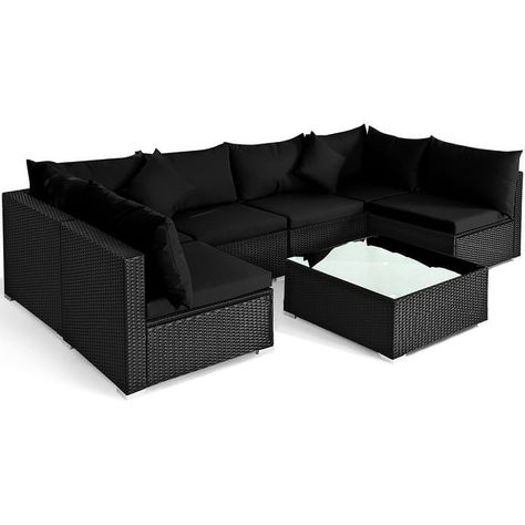 7 PCS Patio Furniture Set Outdoor Conversation Set with Coffee Table - On Sale - Bed Bath & Beyond - 35762542 Black Patio Furniture, Wicker Coffee Table, Patio Couch, Black Cushion, Wood Patio Furniture, Outdoor Conversation Sets, Patio Sofa Set, Sectional Furniture, 2 Pillows