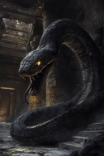 ↑↑↑ Larger size on website 🔸 A large, black snake with glowing yellow eyes slithers through the ruins of an ancient temple. The s Scary Snake Art, Black Mexican King Snake, Dark Green Snake, Golden Snake Fantasy Art, Giant Black Snake Fantasy Art, Black And Yellow Snake, Ancient Temple, Glowing Eyes, Green Snake