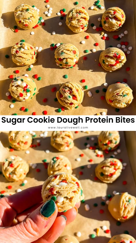 Sugar Cookie Dough Protein Bites Gluten Free Protein Cookie Dough, High Protein Cookie Dough Dip, Protein Cookie Dough Bark, Viral High Protein Cookie Dough Bark, Healthy Cookie Dough Bites, Edible Sugar Cookie Dough, Gluten Free Snacks Healthy, Protein Cookie Dough, No Bake Sugar Cookies