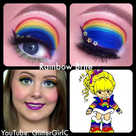 Rainbow Brite makeup. YouTube channel: https://www.youtube.com/user/GlitterGirlC Rainbow Bright Makeup, Rainbow Bright Cosplay, Rainbow Brite Trunk Or Treat, Rainbow Brite Makeup, Rainbow Brite Nails, Bright Halloween Makeup, Rainbow Bright Costume, Rainbow Bright Costumes, Makeup Salon Ideas