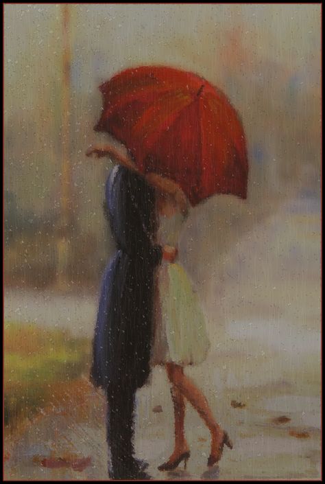 Kissing In The Rain.     -   A crop from a photo of a print in a home furnishing store - with some added effects Kiss In The Rain Art, Rain Kiss, Couple In Rain, Kiss Painting, People Kissing, People References, Rain Painting, Kissing In The Rain, Rain Art