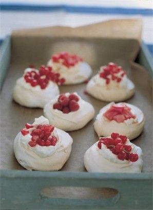 MINI PAVLOVAS. Because of the fruit - and the cream, for that matter - these are not cheap to make, but I always have a stash of egg whites in my deep freeze so I reckon I'm halfway there before I start. Mini Pavlovas, Roasted Rhubarb, Mini Pavlova, Rhubarb Cake, Pavlova Recipe, Summer Baking, Gateaux Cake, Nigella Lawson, Toasted Marshmallow