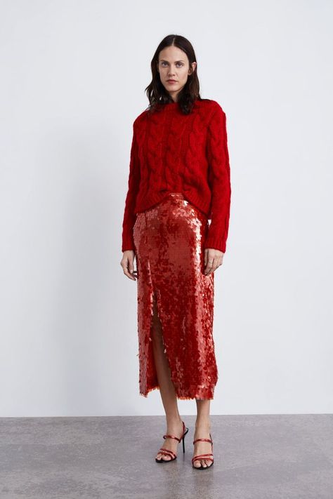 Zara Sequin Skirt Red Sequin Skirt Outfit, Red Sequin Skirt, Sequin Outfits, Sequin Skirt Outfit, Sequin Outfit, Rock Outfit, Eve Outfit, New Years Eve Outfits, Red Sequin