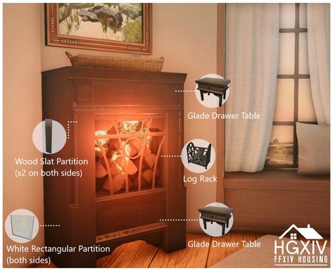 Ffxiv Fireplace, Farmhouse Stove, Ffxiv Housing, Housing Ideas, Drawer Table, Fantasy Rooms, Basement House, Wood Burning Stove, Wood Slats