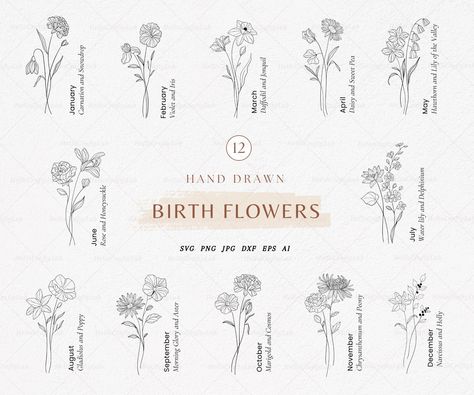 Line Drawn Flower Tattoo, Fine Line December Birth Flower Tattoo, Fine Line Birth Flower Tattoo, Birth Month Flower Tattoos Bouquet, September Birth Flower Tattoo, Birth Flower Svg, Tattoo Svg, Line Art Svg, Daisy Svg