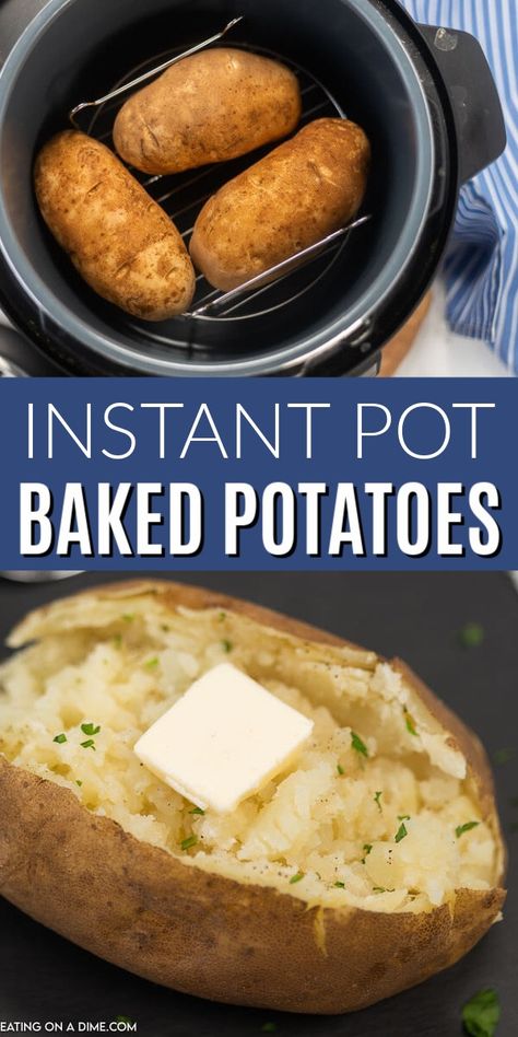 Enjoy easy to make instant pot baked potatoes recipe in 15 minutes. This is the best ever baked potato in a fraction of the time as the oven. Try the best baked potatoes in instant pot for an easy and simple side dish. Pressure cooker baked potatoes are perfect when you need something quick. #eatingonadime #instantpotbakedpotatoes #bakedpotatoesinstantpot #instantpotbakedpotatoeslarge #seasoned #instantpotbakedpotatoesrusset #bakedpotatoes #bakedpotatoesininstantpotrecipe Instant Pot Baked Potatoes, Cooking Baked Potatoes, Ip Recipes, Perfect Baked Potato, Making Baked Potatoes, Crock Pots, Gluten Free Sides Dishes, Pot Recipes Easy, Baked Potato Recipes