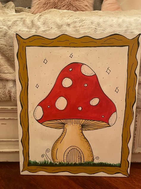 Mushroom House Painting, Sulu Boya Çalışmaları, Best Painting Ever, Desain Tote Bag, Hello Kitty Printables, Indie Drawings, Small Canvas Paintings, Simple Canvas Paintings, Cute Canvas Paintings