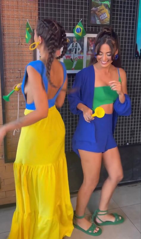 Brazilian Party Outfit, Brazil Core, Brazil Fashion, Spirit Week Outfits, Aesthetic Look, + Core + Aesthetic, Colourful Outfits, Halter Dress, Cold Shoulder Dress