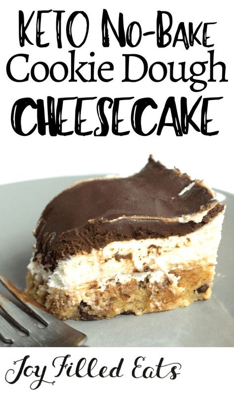 With a layer of raw chocolate chip cookie dough, a layer of creamy cheesecake, and a layer of rich chocolate ganache my No Bake Cookie Dough Cheesecake may be the best dessert ever. #lowcarb #lowcarbrecipes #lowcarbdiet #keto #ketorecipes #ketodiet #thm #trimhealthymama #glutenfree #grainfree #glutenfreerecipes #recipes #cheesecake #nobake #desserts #dessertrecipes #ketodessert #lowcarbdessert No-Bake Keto Cookie Dough Cheesecake – Low Carb, Grain-Free, Gluten-Free, Sugar-Free, THM S Recipes Cheesecake, Keto Quiche, Keto Cookie Dough, Cookie Dough Cheesecake, No Bake Cookie Dough, Biscuits Diététiques, Desserts Keto, Postre Keto, Keto Chocolate Chip Cookies