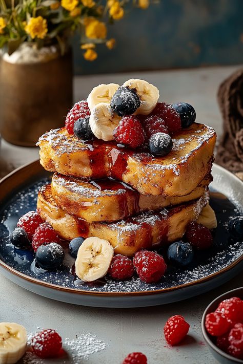 Banana Berry French Toast Gourmet Breakfast Ideas Brunch, French Easy Recipes, French Toast Board, Easy Cafe Food, Toasted Bread Recipes, Fruit Breakfast Aesthetic, American Breakfast Aesthetic, Aesthetic Breakfast Recipes, Yummy Food Pictures