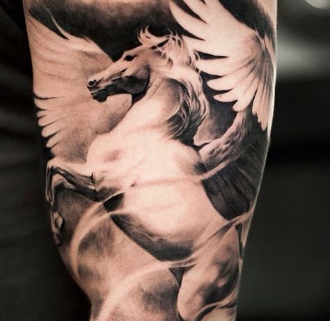 White Horse Tattoo, Hercules Tattoo, Pegasus Tattoo, Collage Tattoo, Memorial Tattoo Quotes, Horse Tattoo Design, Mother Nature Tattoos, Upper Arm Tattoos, Mythology Tattoos