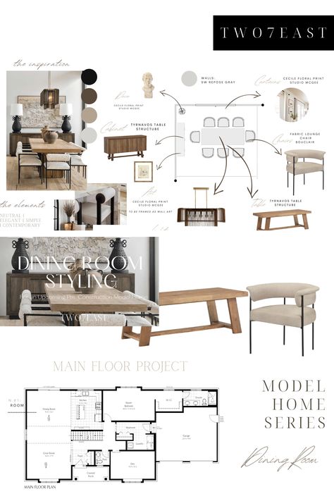 We were asked to create an elegant and luxurious dining room for a developers latest model home. The goal was for clients to come in and feel like they could host their next dinner party in the space. Check out the two design proposals that we created! Only at Two7East Interior Design Visual Presentation, Dining Room Design Board, Dining Room Mood Board, Interior Presentation, Interior Design Portfolio Layout, Dining Room Design Luxury, Interior Design Institute, Luxurious Dining Room, Interior Design Student