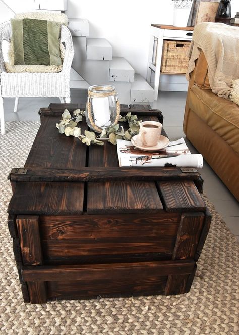 Wooden Chest Trunk, Shabby Chic Coffee Table, Box Coffee Table, Trunk Box, Coffee Table Rustic, Chic Loft, Ski Lodge Decor, Trunk Table, Chest Trunk