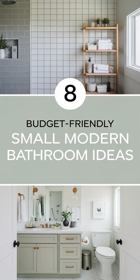 Modern small bathroom with creative DIY touches, vibrant colors, and functional design. Bathroom Remodel On A Budget Modern, Cottage Small Bathroom Ideas, Powder Room Fixtures, Basic Bathroom Ideas, Bathroom Remodel Small Space, Small Simple Bathroom, Paint Ideas For Small Bathrooms, Hallway Bathroom Ideas, Uk Bathroom Ideas