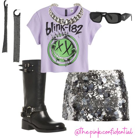 Blink 182 Outfit, Blink 182 Concert, Silver Sequin Skirt, Black Moto Boots, Coachella Valley Music And Arts Festival, Music Festival Outfit, Rock Concert, Blink 182, Different Outfits