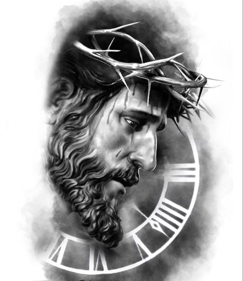 Jesus Sketch, Christus Tattoo, Religion Tattoos, Jesus Christ Tattoo, Jesus Tattoo Design, Christ Tattoo, Realistic Tattoo Sleeve, Clock Tattoo Design, God Tattoos