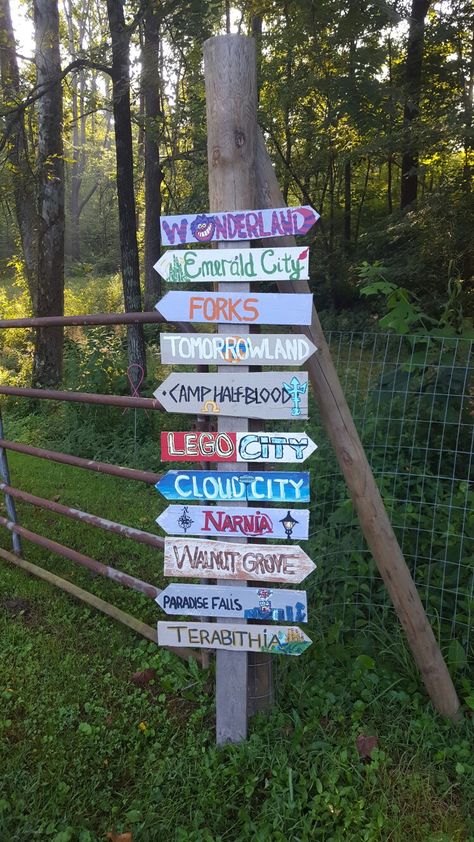 Story book directional sign! Lake Landscaping, Paradise Falls, Modern French Country, Cloud City, Lake Signs, Wine Signs, Shell Collection, Modern French, Directional Signs