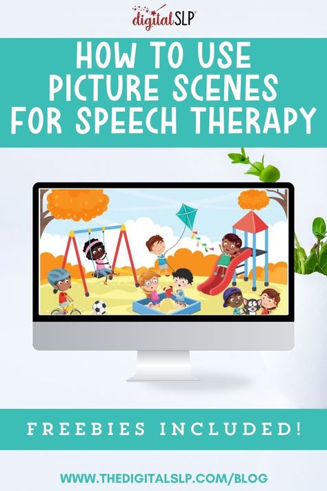 One of the most common challenges for SLPs is planning activities that can address a variety of therapy targets and engage a variety of age groups. This post discusses why picture scenes are so effective, how to use them in speech therapy sessions, and ideas for where to find picture scenes. This post also includes 2 free picture scenes that form part of the Digital SLP’s library of 2000 online speech therapy games and activities. Picture Scenes For Speech Therapy, Speech Therapy Free, Why Questions, Speech Therapy Games, School Slp, Therapy Games, Speech Therapy Materials, Thematic Units, Games And Activities