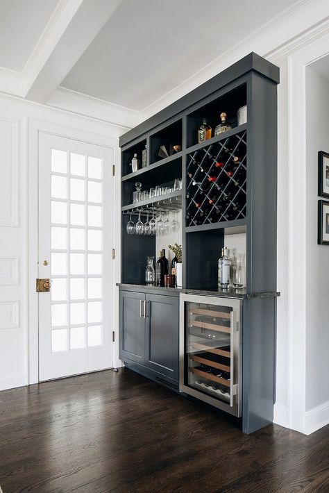 #basementmancaveideas #basementceiling #basementideas Wet Bar Ideas White Cabinets, Small Bar For Living Room, Adding A Bar To Kitchen, Office With Wet Bar, Built In Bar Bookshelf, Wine Built In, Wet Bar Library, Bar Wall Living Room, Freestanding Wet Bar