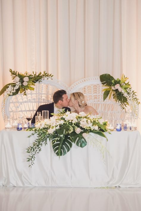 Frangipani Wedding, Tropical Wedding Centerpieces, Tropical Centerpieces, Tropical Wedding Theme, Filipino Wedding, Terranea Resort, Sweetheart Table Decor, Tropical Wedding Decor, Tropical Floral Arrangements