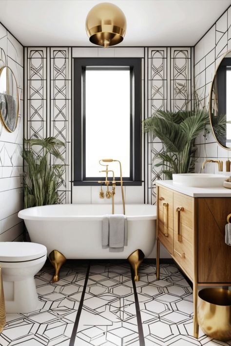 Step into the glamour of the 1920s with this small bathroom featuring bold geometric patterns and elegant brass accents. Vintage sophistication for modern living. #ArtDeco #SmallBathroom #VintageGlamour Vintage Glamour Bathroom, Art Deco Interior 1920s Bathroom, Small Elegant Bathroom, Art Deco Interior 1920s, Bathroom Art Deco, Art Deco Powder Room, Glamour Bathroom, 1920s Bathroom, Elegant Bathrooms