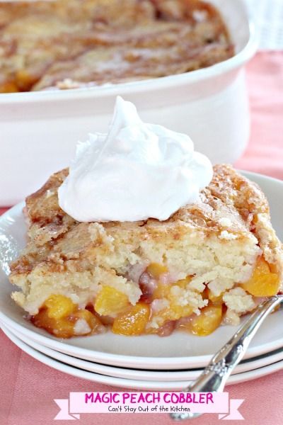 Magic Peach Cobbler | Can't Stay Out of the Kitchen | This luscious #peachcobbler really is magical.  #peaches #dessert Magic Peach Cobbler, Tennessee Peach Pudding, Peach Pudding, Peach Desserts, Peach Cobbler Recipe, Canned Peaches, Peach Recipe, Cobbler Recipes, Glass Baking Dish