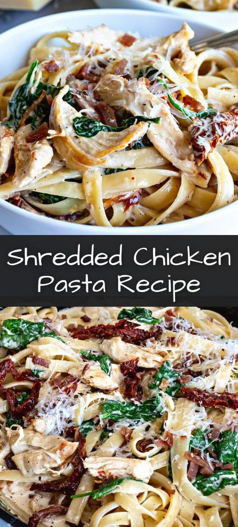 Asian Rotisserie Chicken Recipes, Shredded Chicken Pasta Recipes, Shredded Chicken Dinner Ideas, Shredded Chicken Pasta, Filling Foods, Chicken Rotisserie, Guyanese Recipes, Easy Shredded Chicken, Pasta Meals