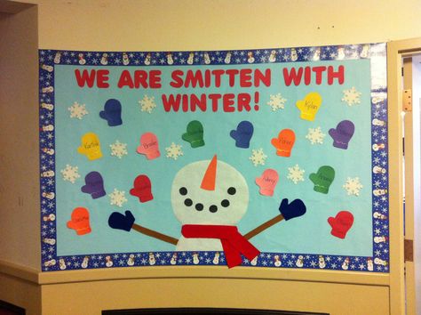 Winter bulletin board. "We are smitten with winter" and the mittens have the children's names on them. December Bulletin Boards, Winter Bulletin Board, Christmas Bulletin Boards, January Bulletin Boards, Winter Bulletin, Birthday Bulletin Boards, Winter Bulletin Boards, Christmas Bulletin Board, Birthday Bulletin