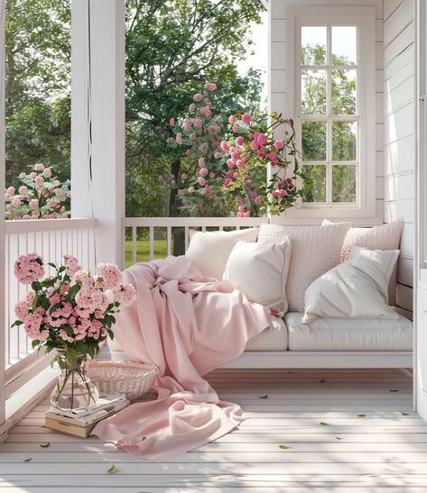 Beautiful Porches, Cozy Porch, Luxury Christmas Decor, Christmas Coffee Table Decor, White Sofa, Pink Cottage, Flowers In A Vase, Pink Blanket, Pink Pillows