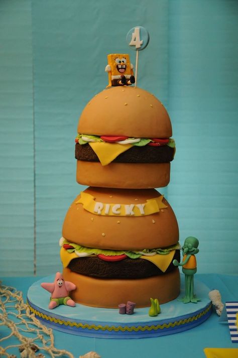 Krabby Patty Cake, Burger Cake, Peanuts Party, Patty Cake, Spongebob Cake, Krabby Patty, Spongebob Birthday Party, Spongebob Party, Two Tier Cake