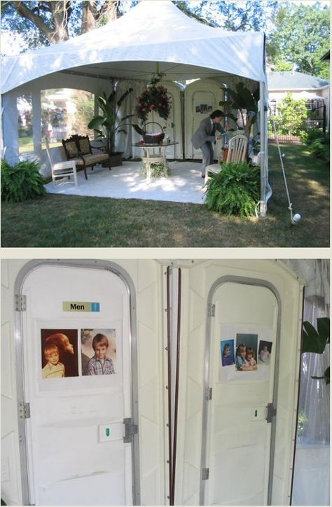 classy porta potties Outhouse Wedding Decor, Portaloo Wedding Ideas, 1000 Dollar Wedding, Outdoor Wedding Bathroom Ideas, Wedding Porta Potty, Porta Potty Wedding, Porta Potty Ideas, Porta Potty, Wedding Bathroom