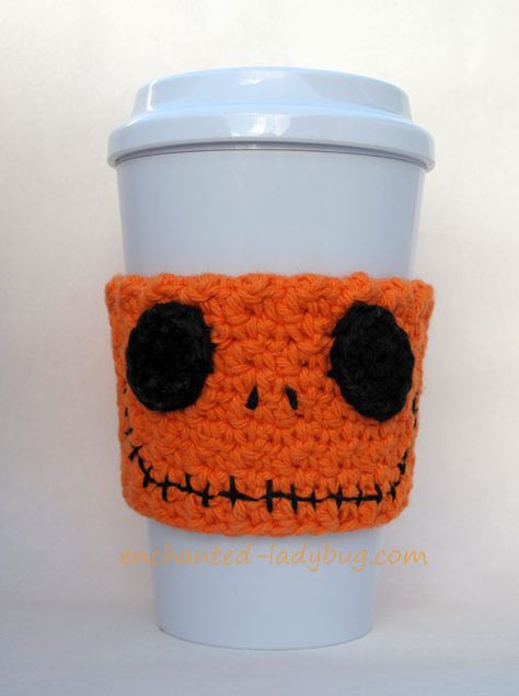 Free Crochet Jack Skellington Coffee Cup Cozy Pattern Crochet Jack Skellington, Coffee Cup Cozy Pattern, Crochet Coffee Cup Cozy, Crochet Coffee Cup, Coffee Cozy Pattern, Cup Cozy Pattern, Pumpkin Crochet, Crochet Mug Cozy, Crochet Coffee Cozy