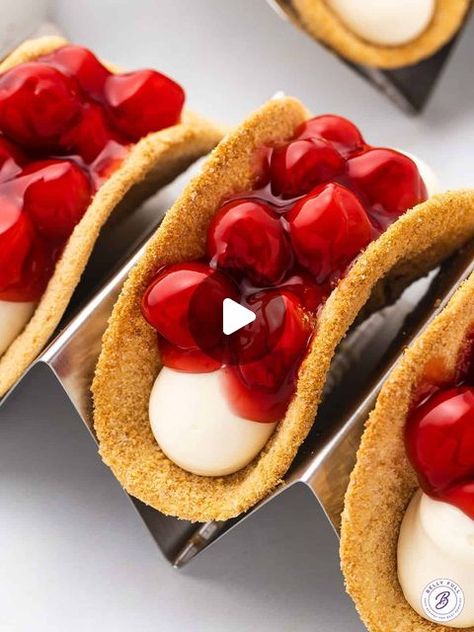 Amy | Belly Full on Instagram: "Cheesecake + Tacos is the combination you didn't know you needed, but you do! These Cherry Cheesecake Tacos are sweet, tart, creamy, crunchy, and so irresistible." Cherry Cheesecake Tacos, Mexican Cheesecake Recipe, Mexican Cheesecake, Cheesecake Tacos, Sweet Taco, Instagram Recipes, Cherry Cheesecake, Sweet Tart, Eat Dessert First