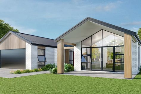 House Plans NZ - Papamoa - Platinum Homes 200sqm House Design Floor Plans, Urban Style Design, Four Bedroom House Plans, Gable Window, Modern Family Home, New Zealand Houses, Family Dining, House Blueprints, Country House Plans