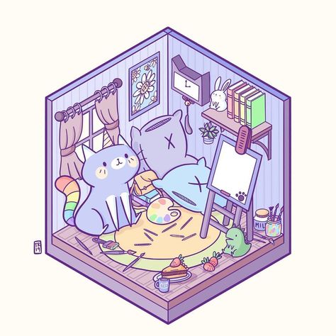 Taylor&Ross on Instagram: “Little caticorn in his tiny (messy) room❤️ I'm trying to draw some isometric rooms/stuff, cause I really love this kind of composition and…” Isometric Rooms, Isometric Room, Room Drawing, Kawaii Background, Room Stickers, Isometric Art, Messy Room, Isometric Design, Isometric Illustration