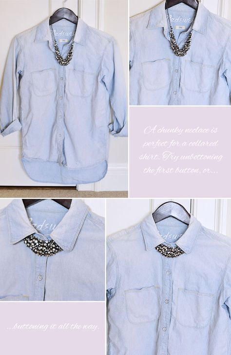 It’s easiest to pair a collared shirt with a clustered or bulky necklace. You can button the shirt all the way so the necklace peaks out, or unbutton the first button and let the necklace drape right at the neckline. Necklace Over Shirt, Shirt With Necklace Outfit, Cloud Clothes, Neckline Necklace Guide, Marquise Diamond Necklace, Necklace Shirt, Big Girl Clothes, Twenty Something, Stand Collar Shirt